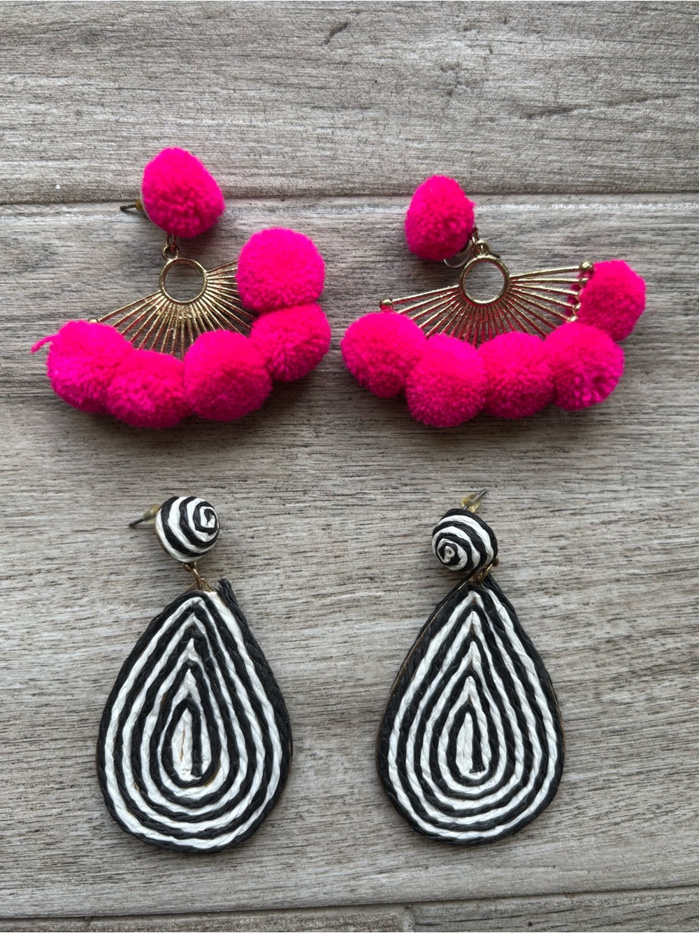 Fuchsia Pom Pom Fan Earrings & Black White Teardrop Duo